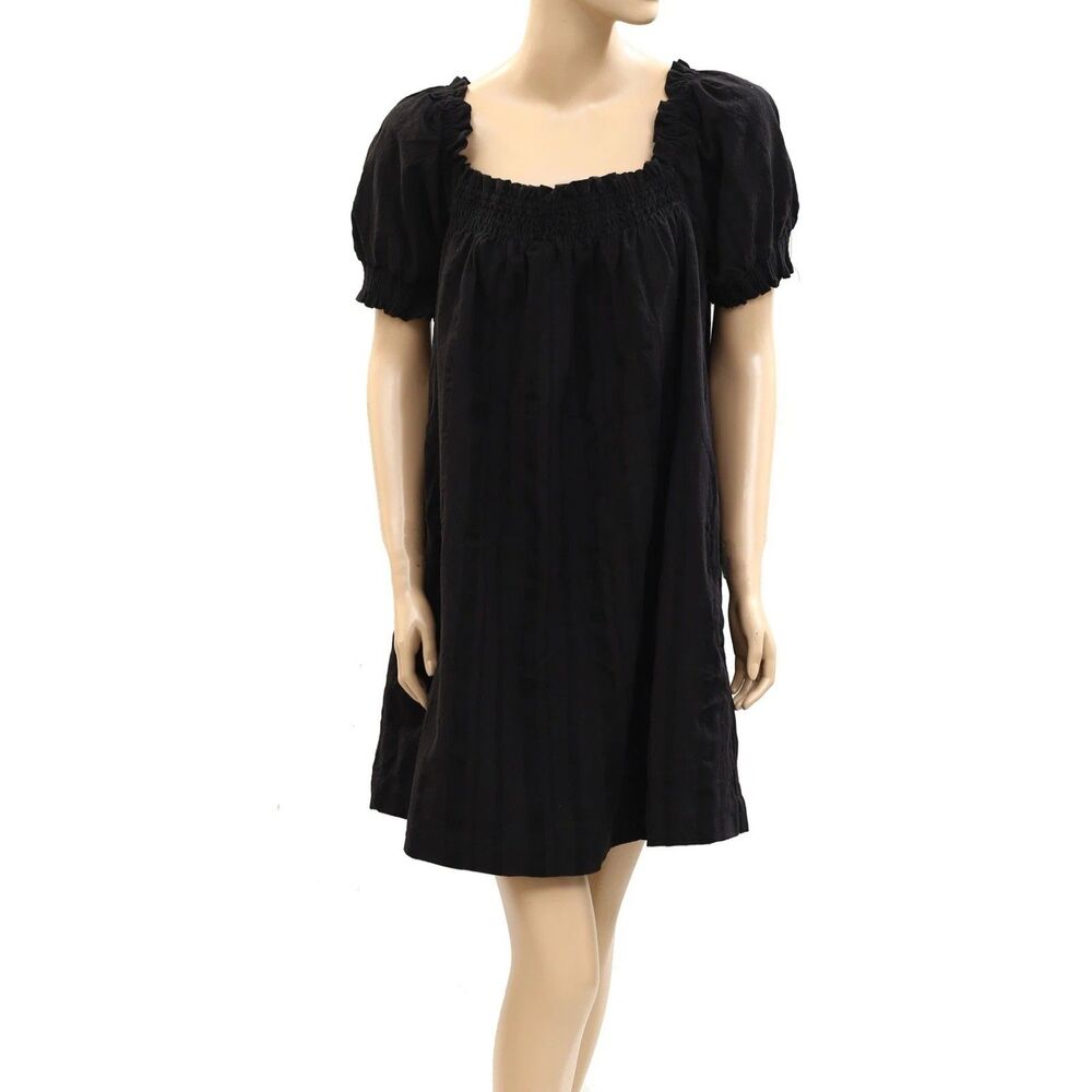 Free People Est Mila Mini Dress Smocked Puff Sleeve Shift Black XS 285477 - Picture 5 of 8